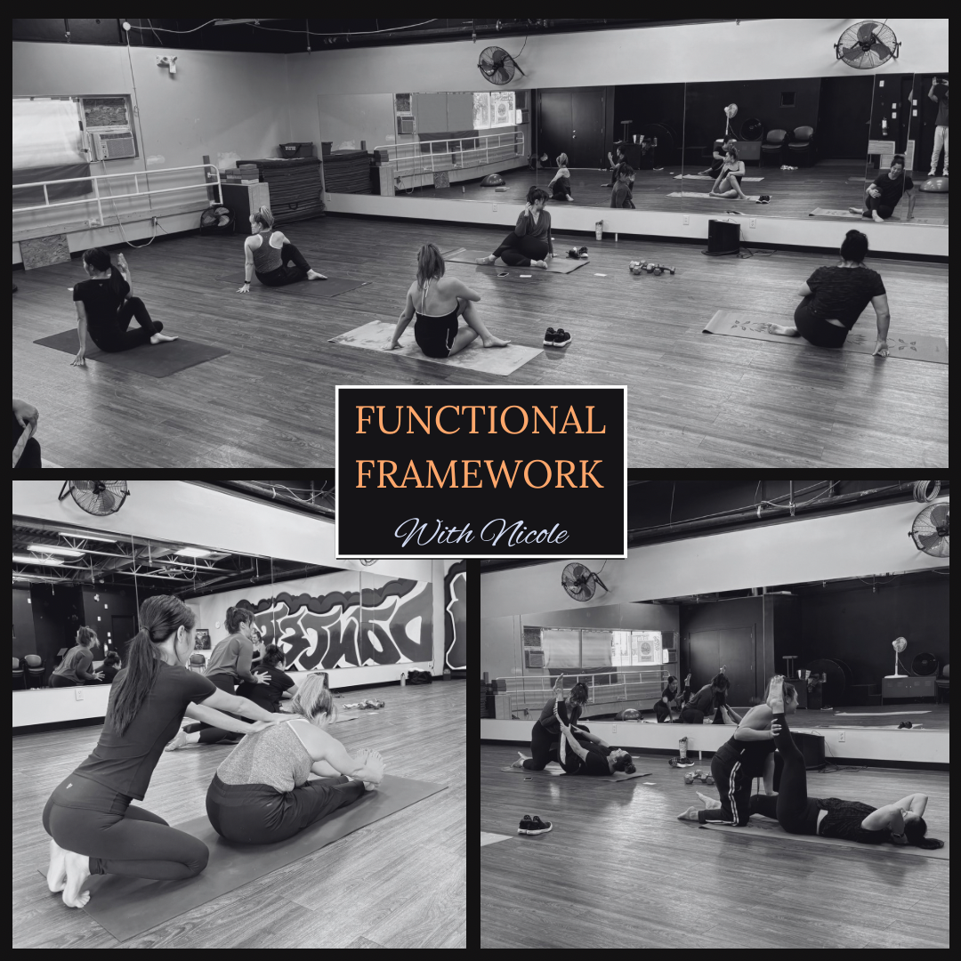 Functional Framework group fitness class participants doing partner stretches and functional movements. New studio space is MPWR Dance Studio Port Coquitlam